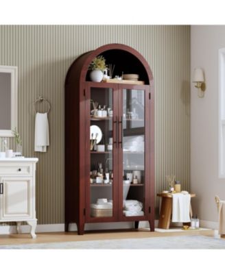 Arched Kitchen Pantry Storage Cabinet - Farmhouse 5 Tier Display Shelf with Adjustable Shelf and 2 Large Glass Doors