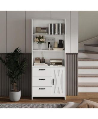 6-Tier Bookshelf with Door and 3 Drawers, 71" Tall Bookcase with 3-Tier Open Shelves