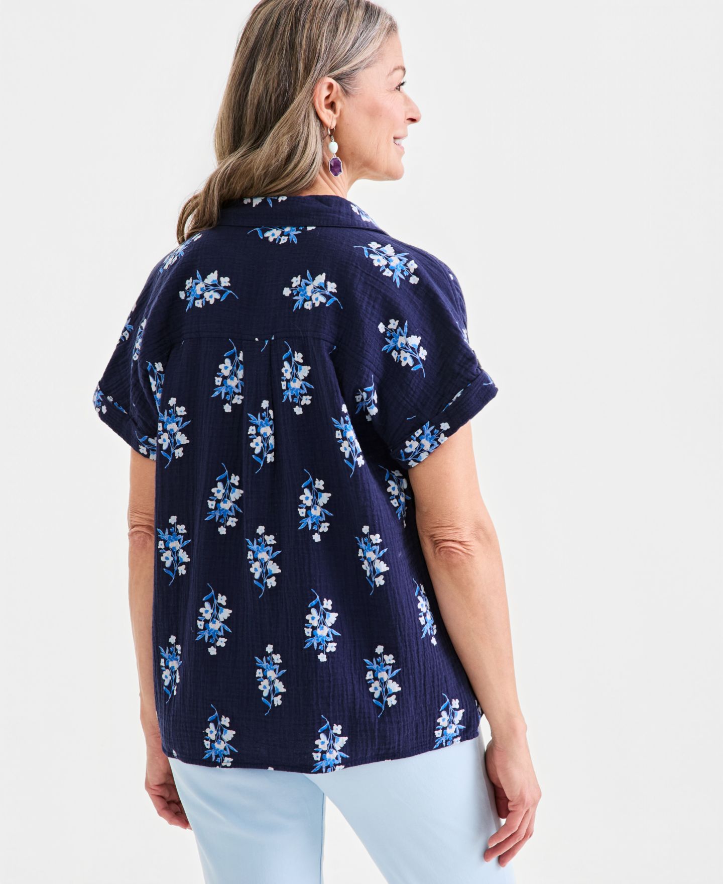 Женский топ Style & Co Cotton Gauze Collared Popover, цвет: Тёмно-синий с принтом — фото 2