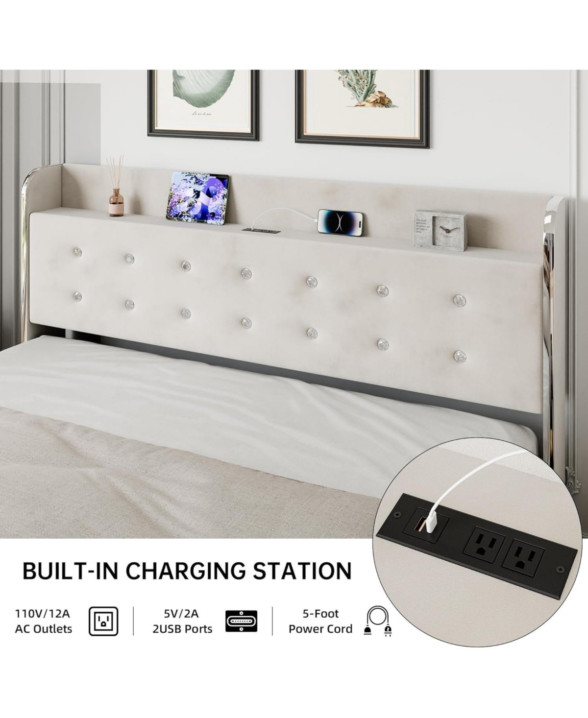 gaomon Bed Frame, Upholstered Bed Frame with 4 Storage Drawers, Platform Bed Frame with Diamond Tufted Headboard