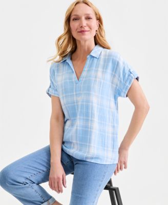 Women's Cotton Gauze Plaid Collared Popover Top