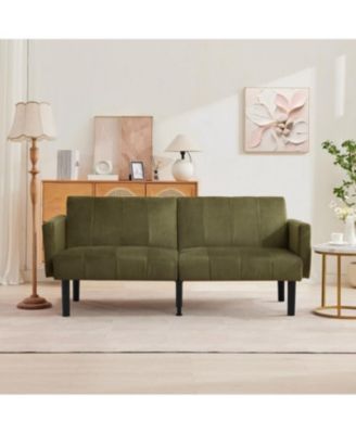 75.5” Convertible Futon Sofa Bed, Linen Flannel Small Couch Sofa with Wood Legs & 700lbs Capacity, Adjustable Folding Loveseat