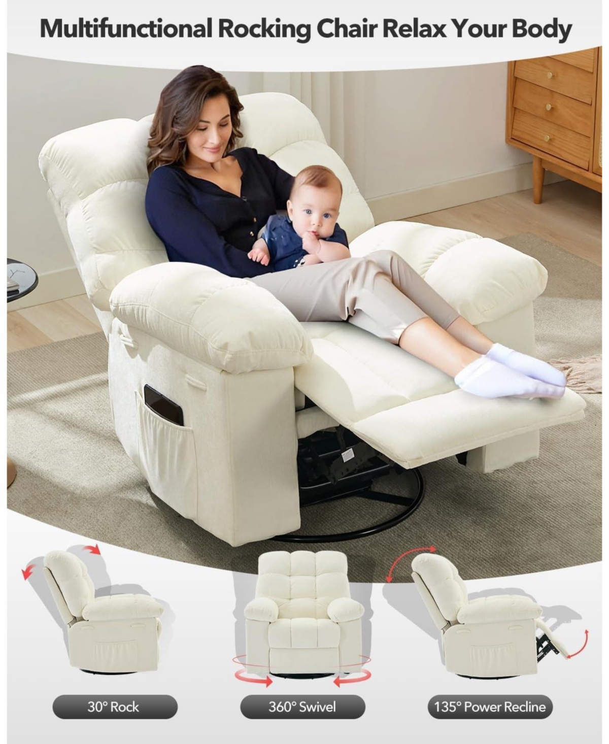 gaomon Oversized Recliner Chair for Adults with 360° Swivel & Rocking Function, Soft Chenille Upholstery