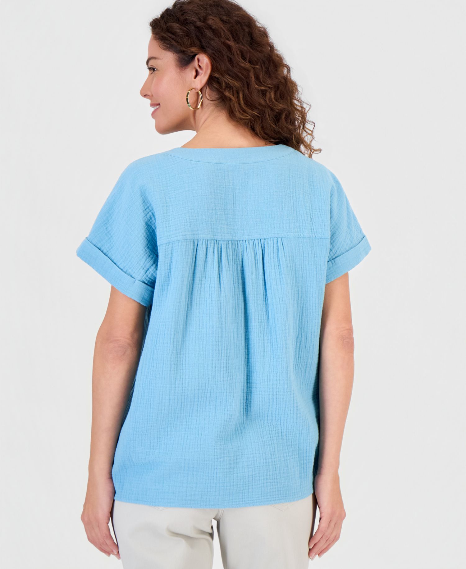 Petite Cotton Gauze V-Neck Short-Sleeve Top