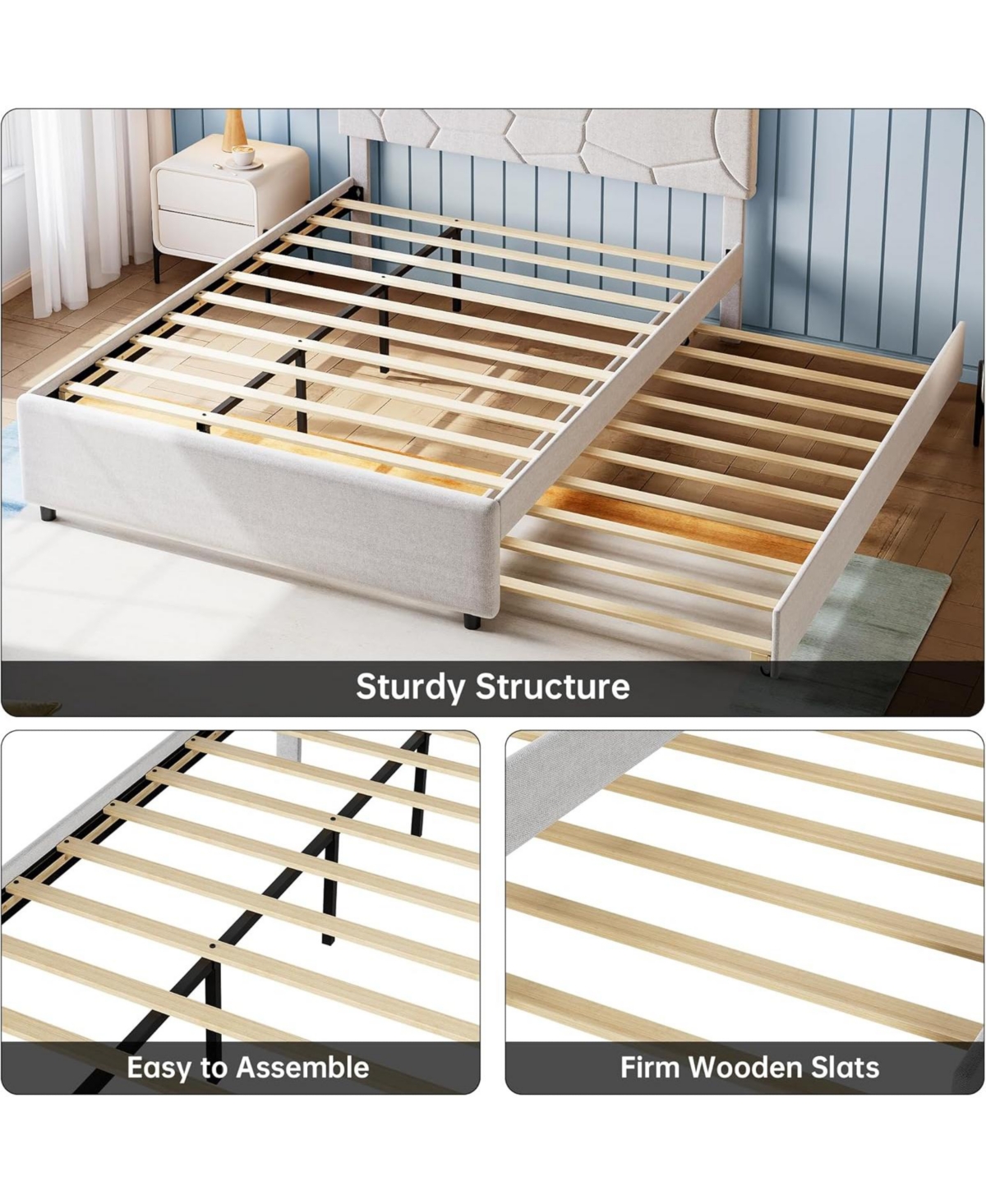 gaomon Trundle Bed, Upholstered Platform Bed Frame, Pull Out Bed with Headboard, Wood Slat Support, for Bedroom, Living Room, Guest Room