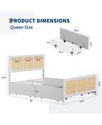 Bed Frame with Headboard, Boho Cane Platform Queen Bed Frame with 4 Drawers, Strong Metal Slats Support, Noise Free, No Box Spring Needed