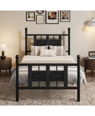 Twin Size Bed Frame with Headboard and Footboard, Metal Twin Bed Frame w/Vintage Circular Design & Storage Space Under Bed