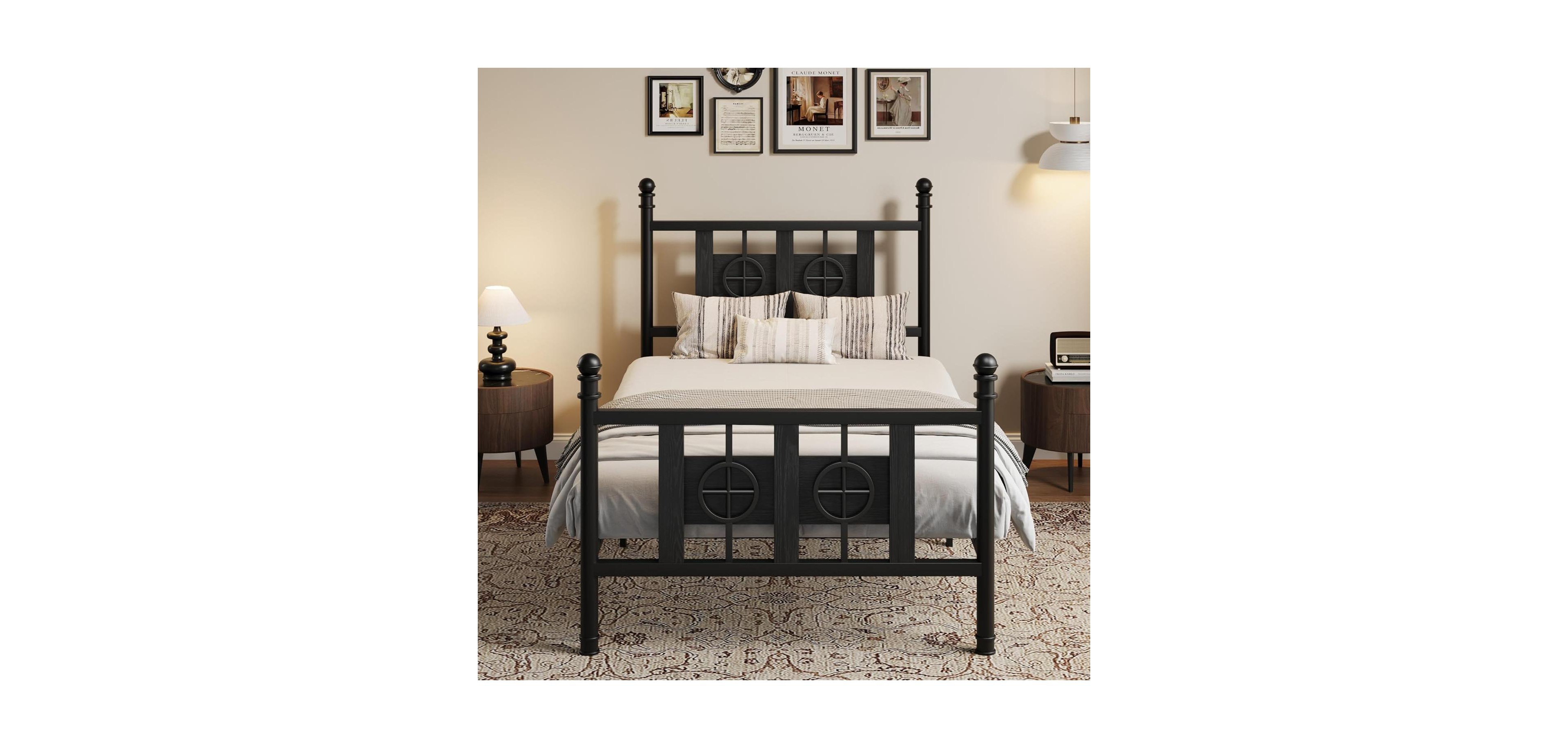 gaomon Twin Size Bed Frame with Headboard and Footboard, Metal Twin Bed Frame w/Vintage Circular Design & Storage Space Under Bed