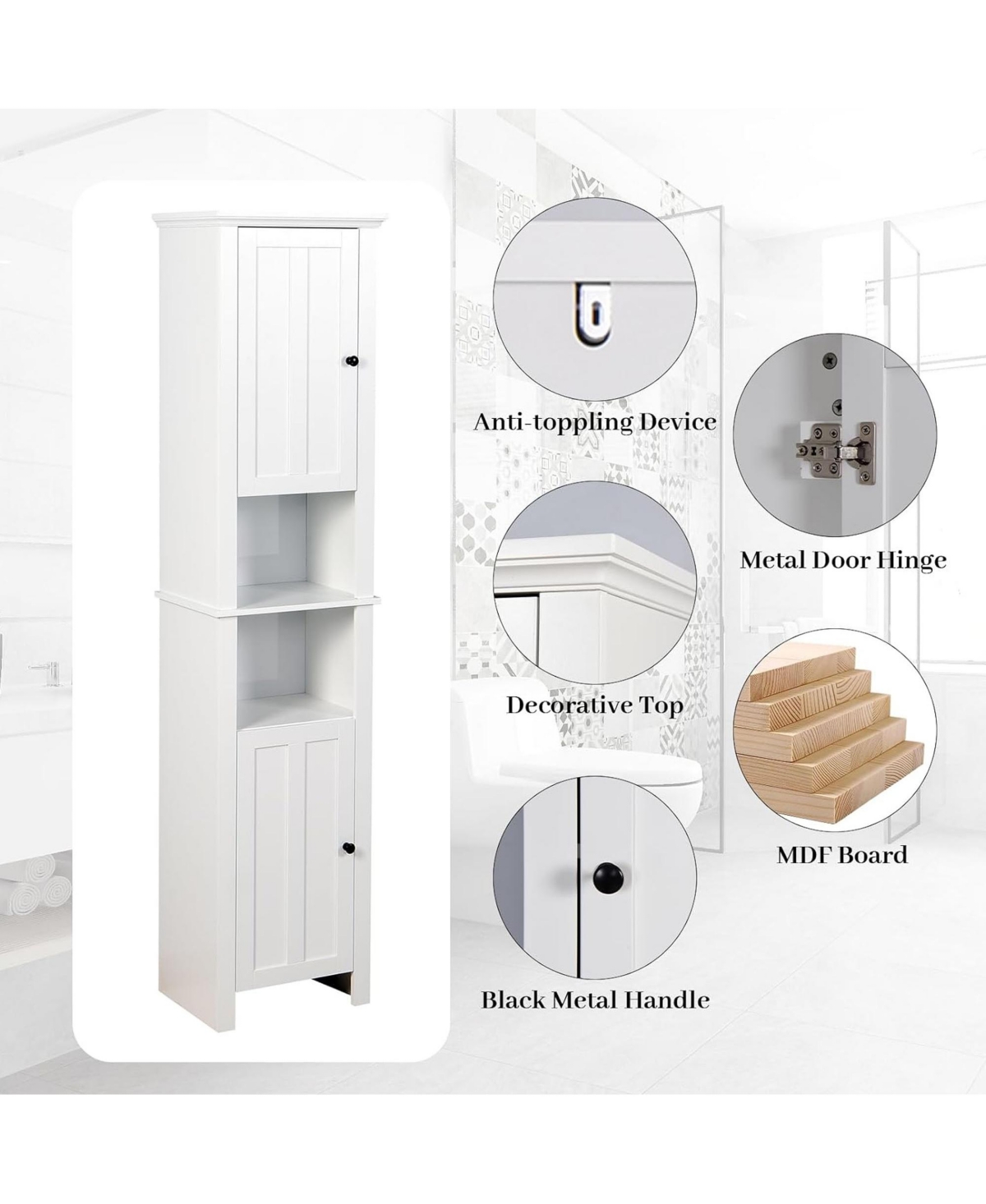 Rainsken 67" Tall Bathroom Storage Cabinet, Narrow Wood Floor Cabinet with Adjustable Shelves and 2 Doors for Bathroom