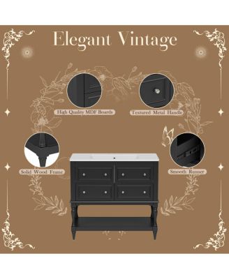 36" Modern Bathroom Vanity with Ceramic Sink, Freestanding Solid Wood Cabinet, 4 Drawers & Storage Shelf