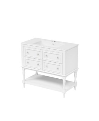 36" Modern Bathroom Vanity with Ceramic Sink, Freestanding Solid Wood Cabinet, 4 Drawers & Storage Shelf