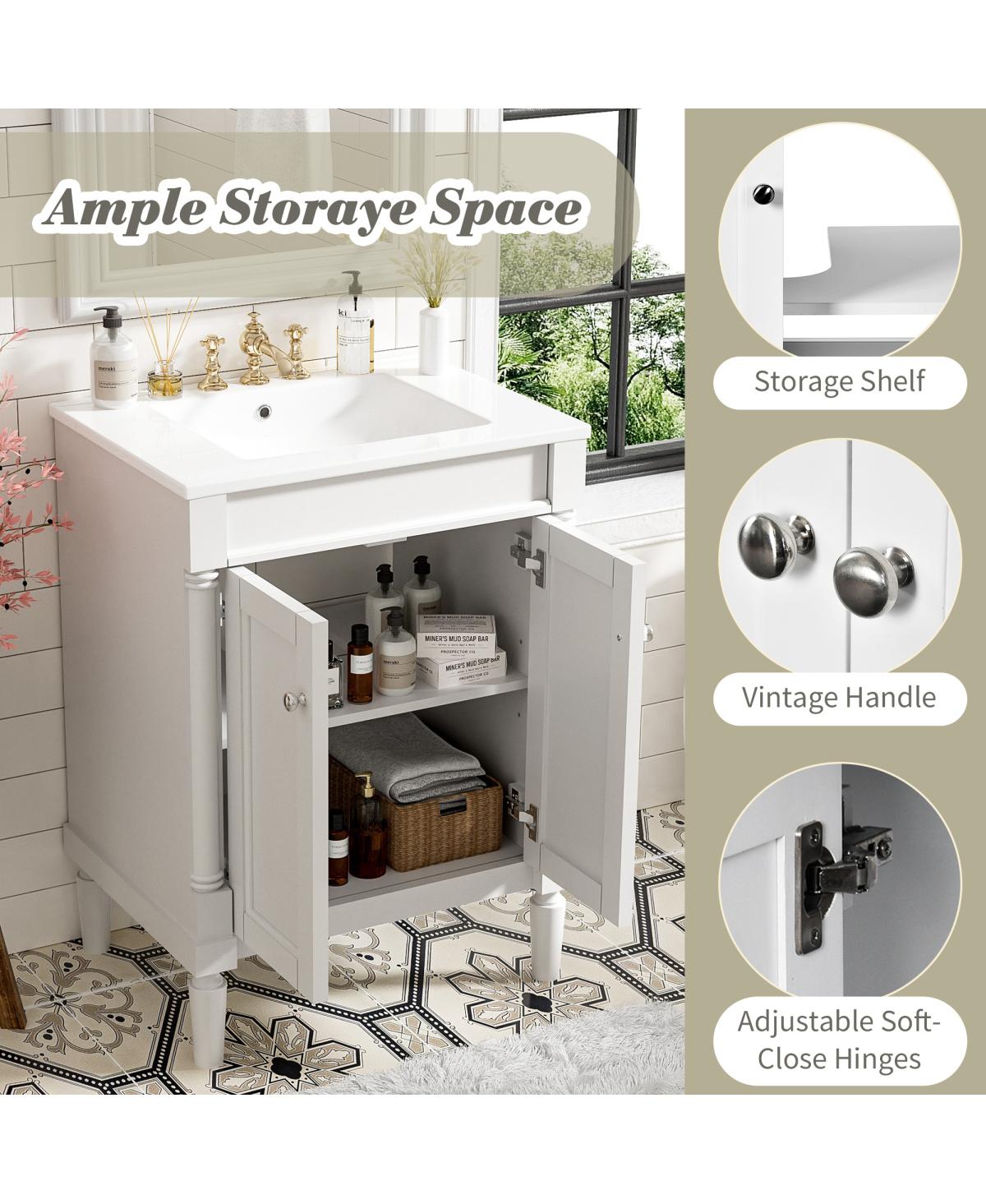 Sillysis 24" Bathroom Vanity with Ceramic Sink, Modern Solid Wood Cabinet & Ample Storage for Small Spaces