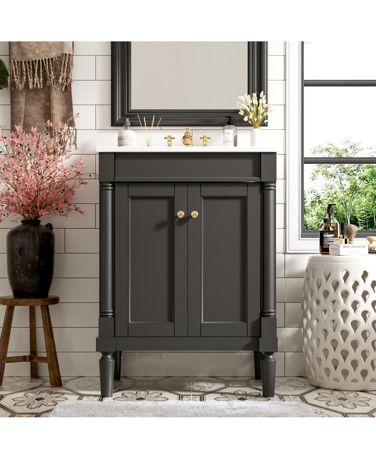 Sillysis 24" Bathroom Vanity with Ceramic Sink, Modern Solid Wood Cabinet & Ample Storage for Small Spaces