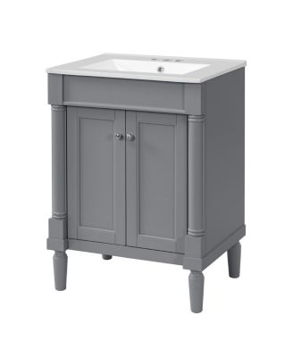 24" Bathroom Vanity with Ceramic Sink, Modern Solid Wood Cabinet & Ample Storage for Small Spaces