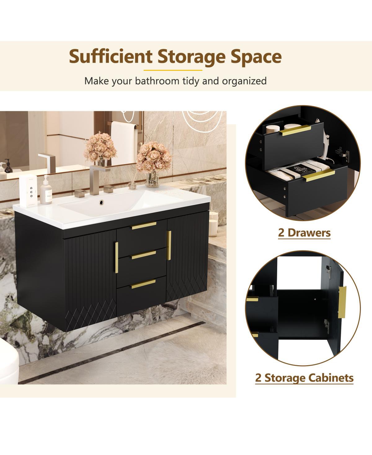 Sillysis 36" Wall Mounted Bathroom Vanity with Resin Sink, Modern Mdf Cabinet, Double Drawers & Storage for Small Bathrooms