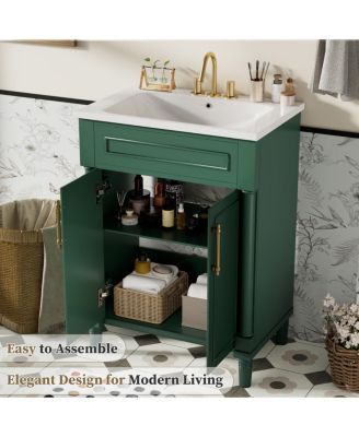 24" Bathroom Vanity with Curved Ceramic Sink, Adjustable Shelf 2-Door Storage for Small Modern Bathrooms