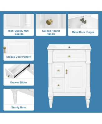 24" Bathroom Vanity with Sink, Solid Wood Cabinet with Flip Drawer and Adjustable Shelf, Freestanding Modern Storage for Small Spaces