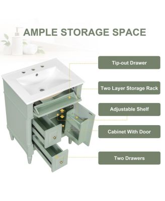 24" Bathroom Vanity with Sink, Solid Wood Cabinet with Flip Drawer and Adjustable Shelf, Freestanding Modern Storage for Small Spaces