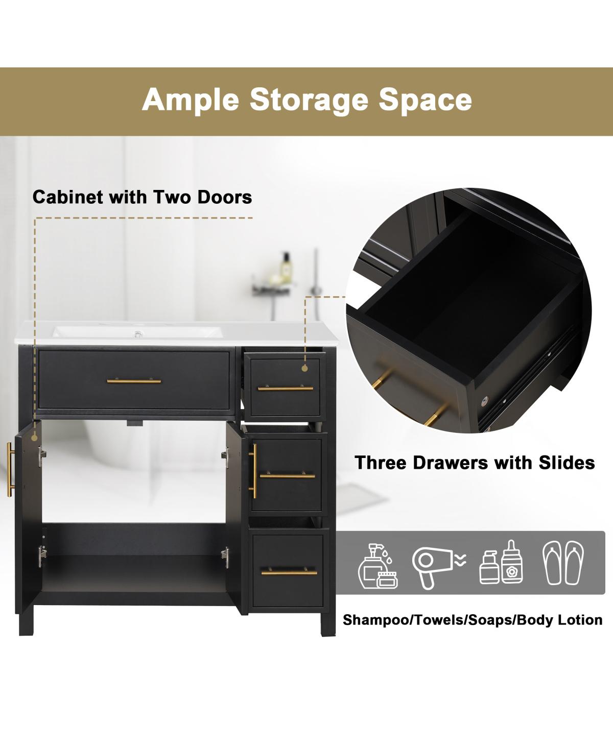 Sillysis 36" Bathroom Vanity with Left Ceramic Sink, Solid Wood & Mdf Cabinet, Ample Storage Drawers, Modern Freestanding