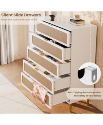 Rattan 5 Drawer Dresser, Tall Wooden Chest with Deep Drawers for Living Room