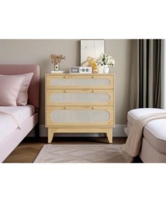 Rattan Nightstand with 3 Drawers, Narrow Wooden Bedside Table for Bedroom