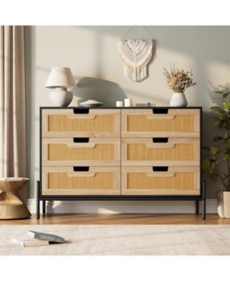 Rattan 6 Drawer Dresser with Metal Legs, Wooden Storage Chest for Living Room