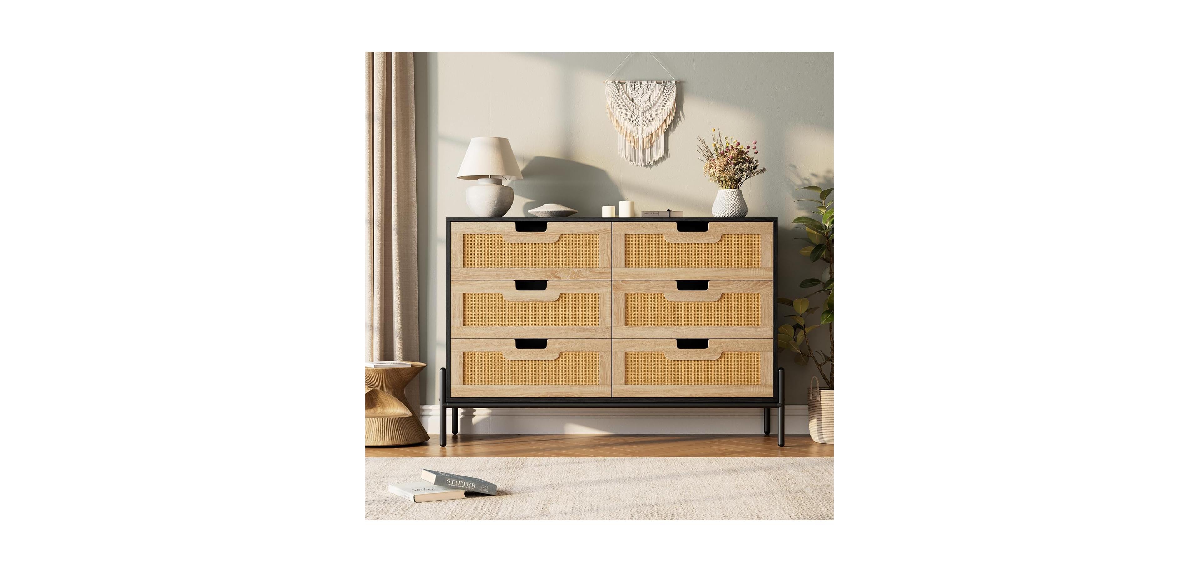 Gaomon Rattan 6 Drawer Dresser with Metal Legs, Wooden Storage Chest for Living Room