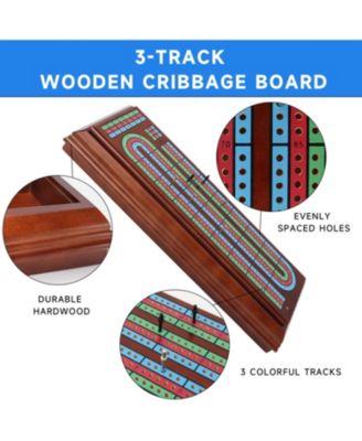 Multi Color 3-Track Wooden Cribbage Board Box with 2 Deck Playing Cards, 9 Metal Pegs and Drawer