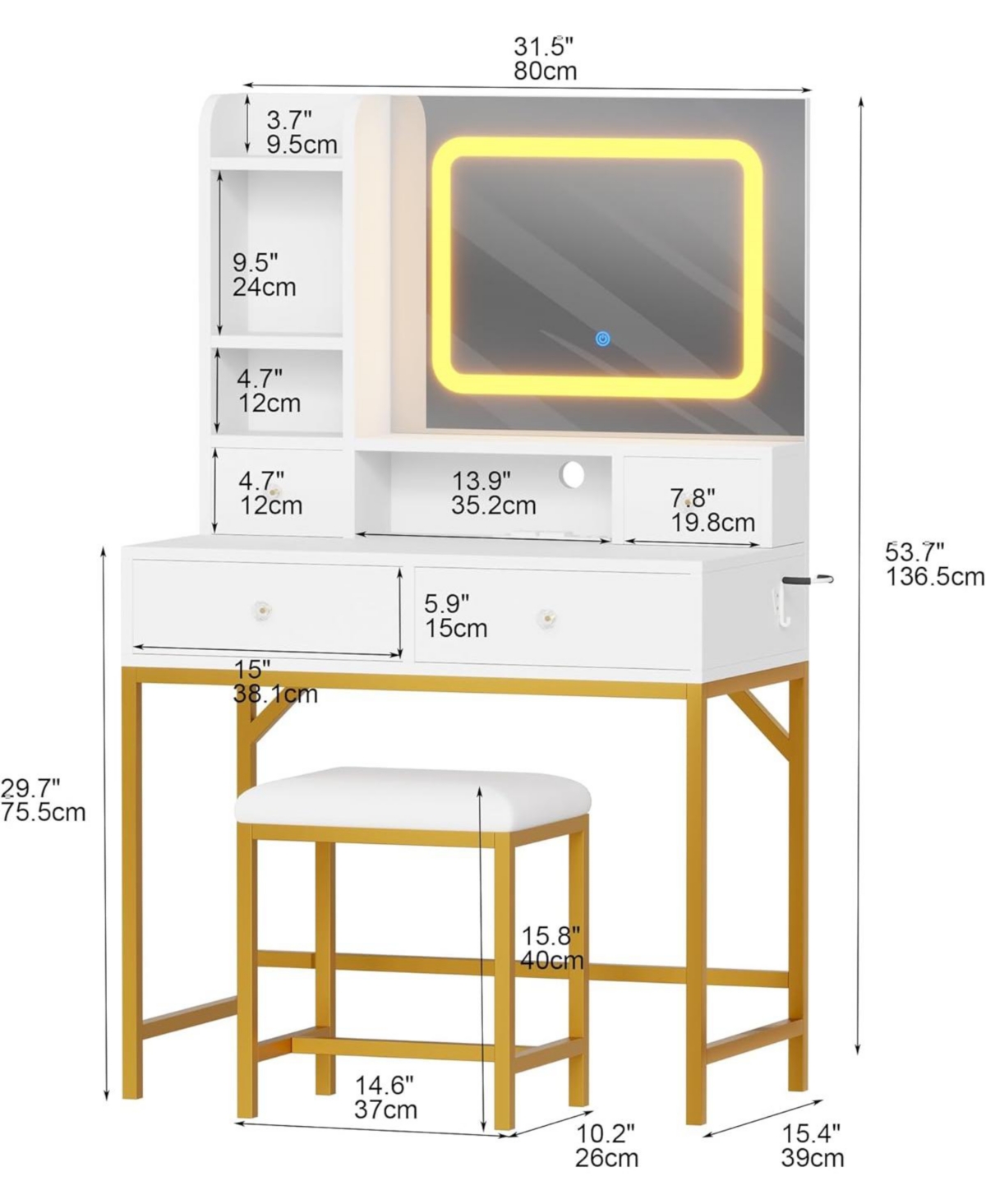 gaomon Vanity Desk with Mirror - 3 Adjustable Lighting Mode Makeup Vanity - Modern Dressing Table and Stool with Charging Station