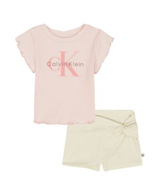 Girls' 2T-6X Ribbed Logo T-Shirt and Crinkle Knit Wrap-Front Shorts, 2-Piece Set