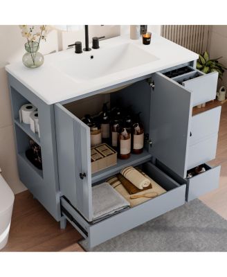 36" Bathroom Vanity with Sink, Solid Wood Cabinet, 4 Drawers and Side Storage for Small Bathrooms