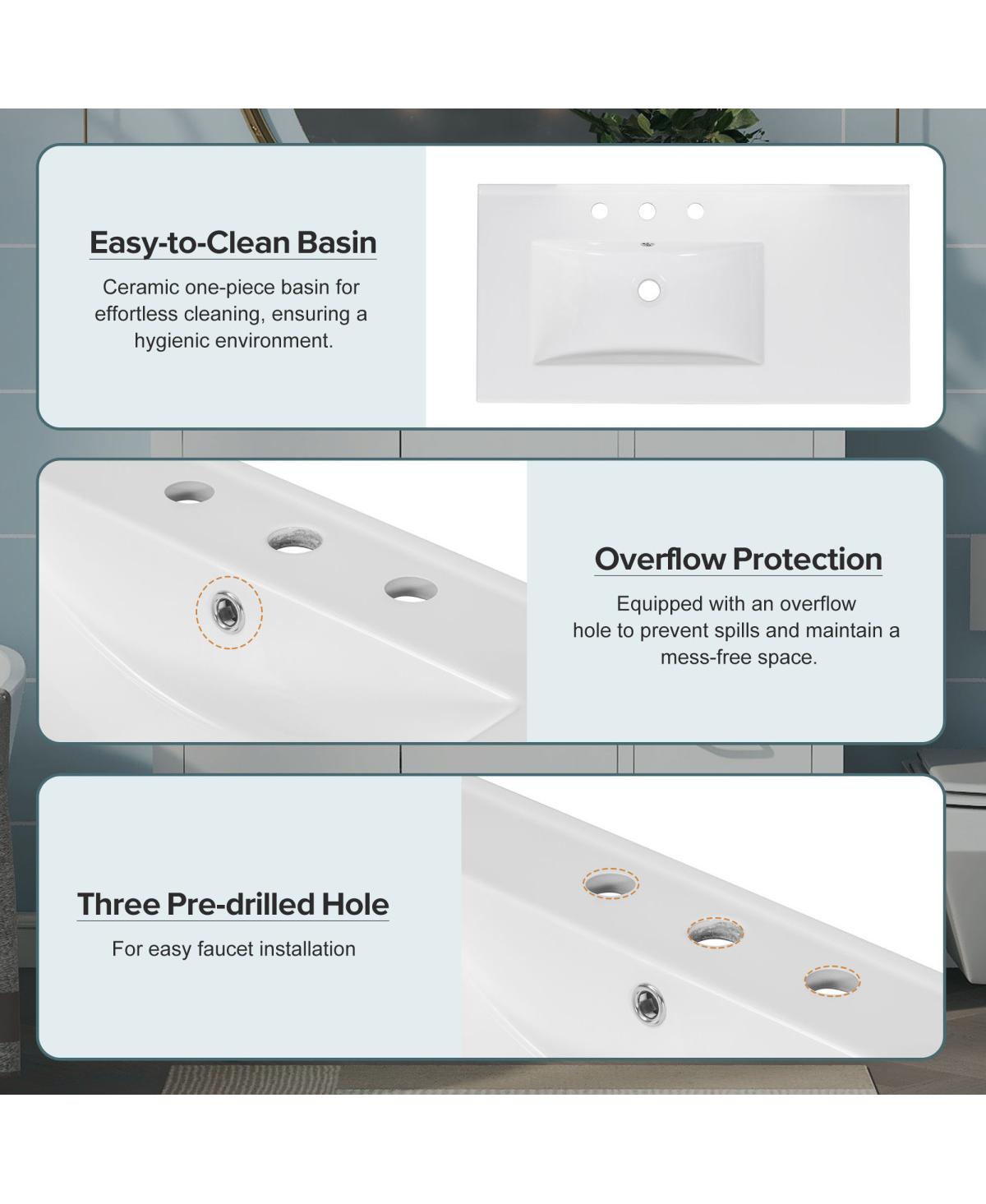 Sillysis 36" Bathroom Vanity with Sink, Solid Wood Cabinet & 5 Drawers Storage, Modern Freestanding Bath Cabinet for Small Spaces