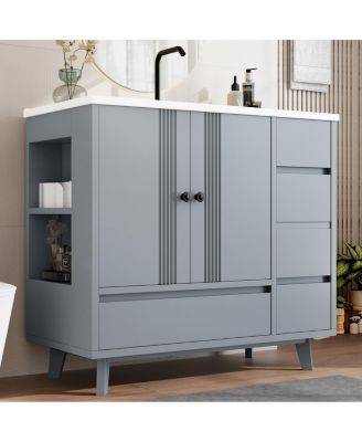 36" Bathroom Vanity with Sink, Solid Wood Cabinet, 4 Drawers and Side Storage for Small Bathrooms