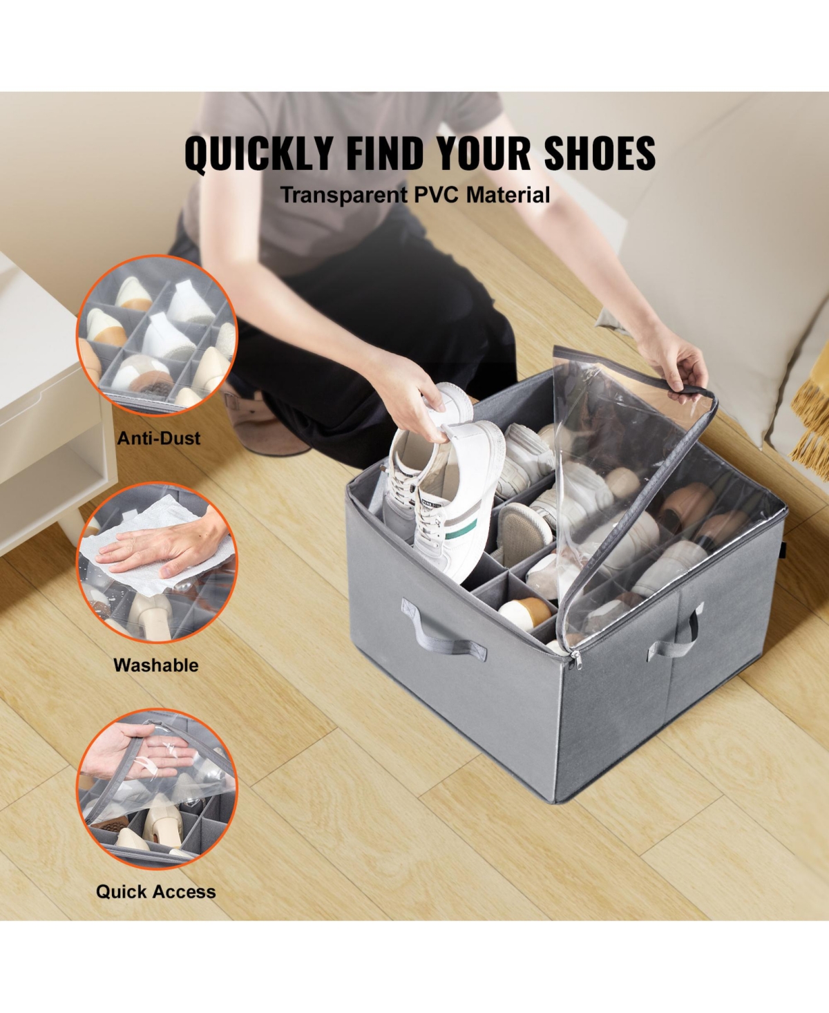 Rainsken 16 Compartments Underbed Shoe Box, Shoe Storage Organizer with Adjustable Dividers, Clear Window and Reinforced Handles for Shoes