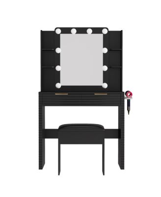 Makeup Vanity Desk with Hollywood Bulbs, Charging Station & Stool