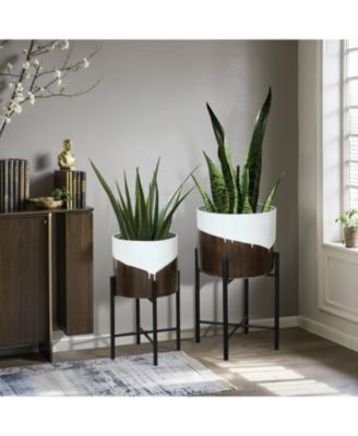 2-Piece White and Brown Metal Cachepot Planters Set with Stands