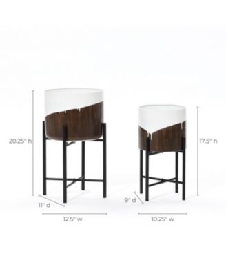 2-Piece White and Brown Metal Cachepot Planters Set with Stands