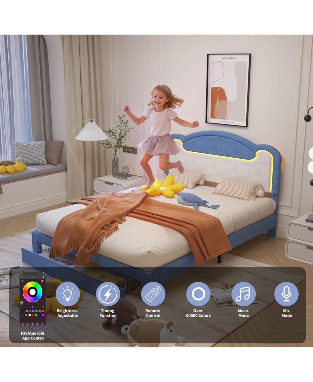 Gaomon Senfot Twin Bed Frame with Led Lights, Upholstered Fabric Headboard, Sturdy Wood Slat Support, No Box Spring Needed