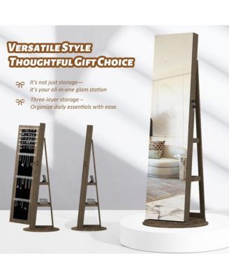 360°Swivel Jewelry Cabinet, Standing Jewelry Armoire Organizer, Lockable Storage Cabinet with Full Length Mirror, Display Shelves