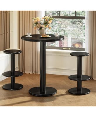 39.4" H Round Bar Table and Chairs Set, Modern Black Bistro Pub Table with 2 Barstools, Wooden Counter Height Cocktail Table