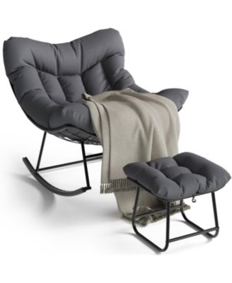 Outdoor Papasan Rocking Chair with Footrest, Oversized Lounge Chair with Ottoman and Sturdy Metal Frame