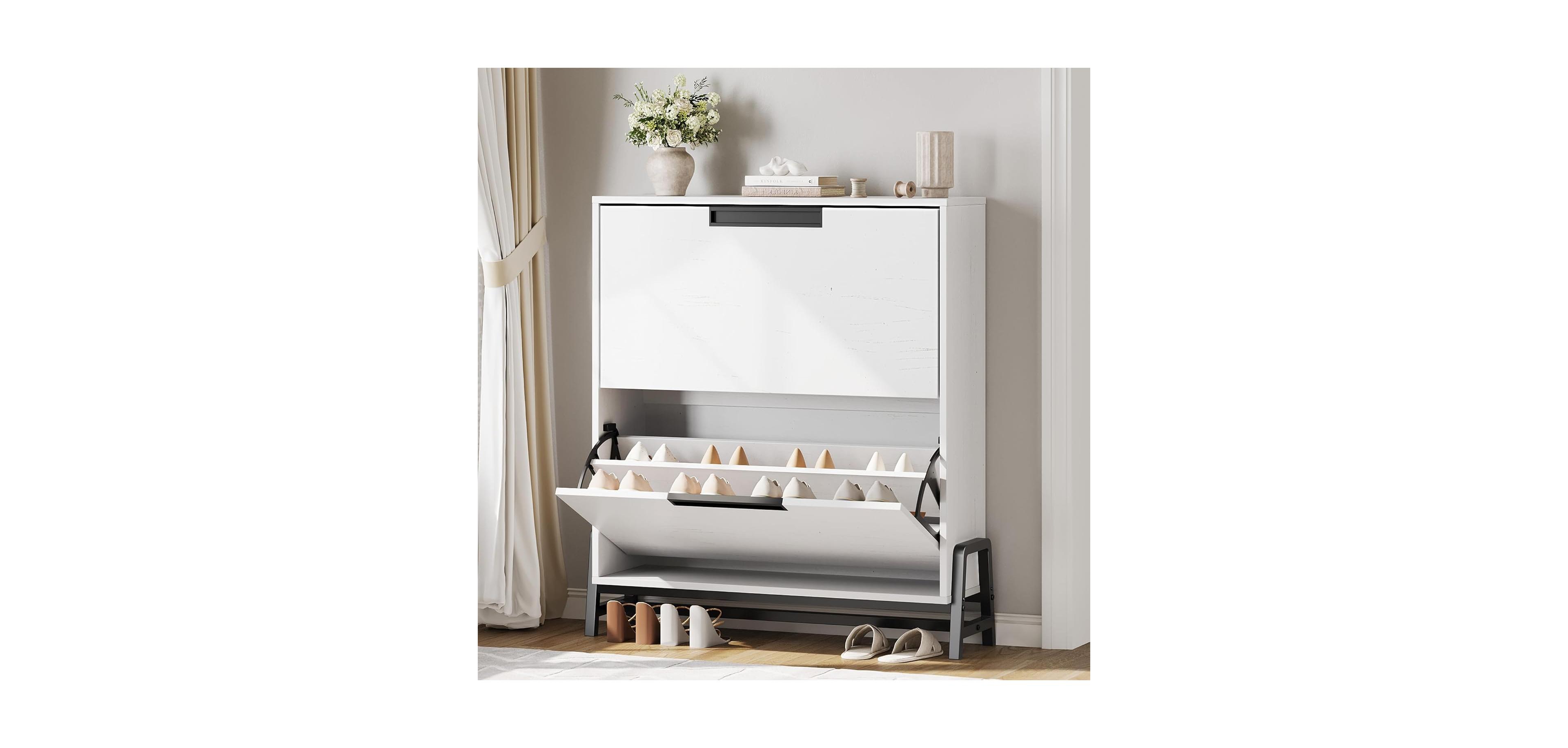 gaomon 2 Flip Drawers Entryway Rack with Metal Legs Freestanding Narrow Shoe Cabinet