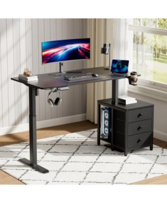 55x24" Sit-Stand Desk Height Adjustable Computer Desk with 2 Hooks, Storage Drawers, Printer Cabinet