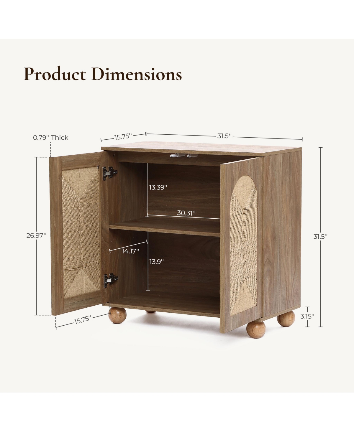 LuxenHome 2-Door Natural Oak Finish Manufactured Wood Cabinet, Pine Round Ball Legs