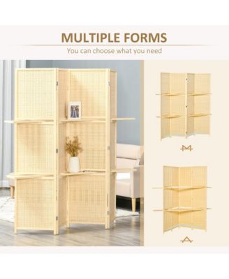 6' Folding Privacy Screen Bamboo Room Divider w/ 2 Open Shelves