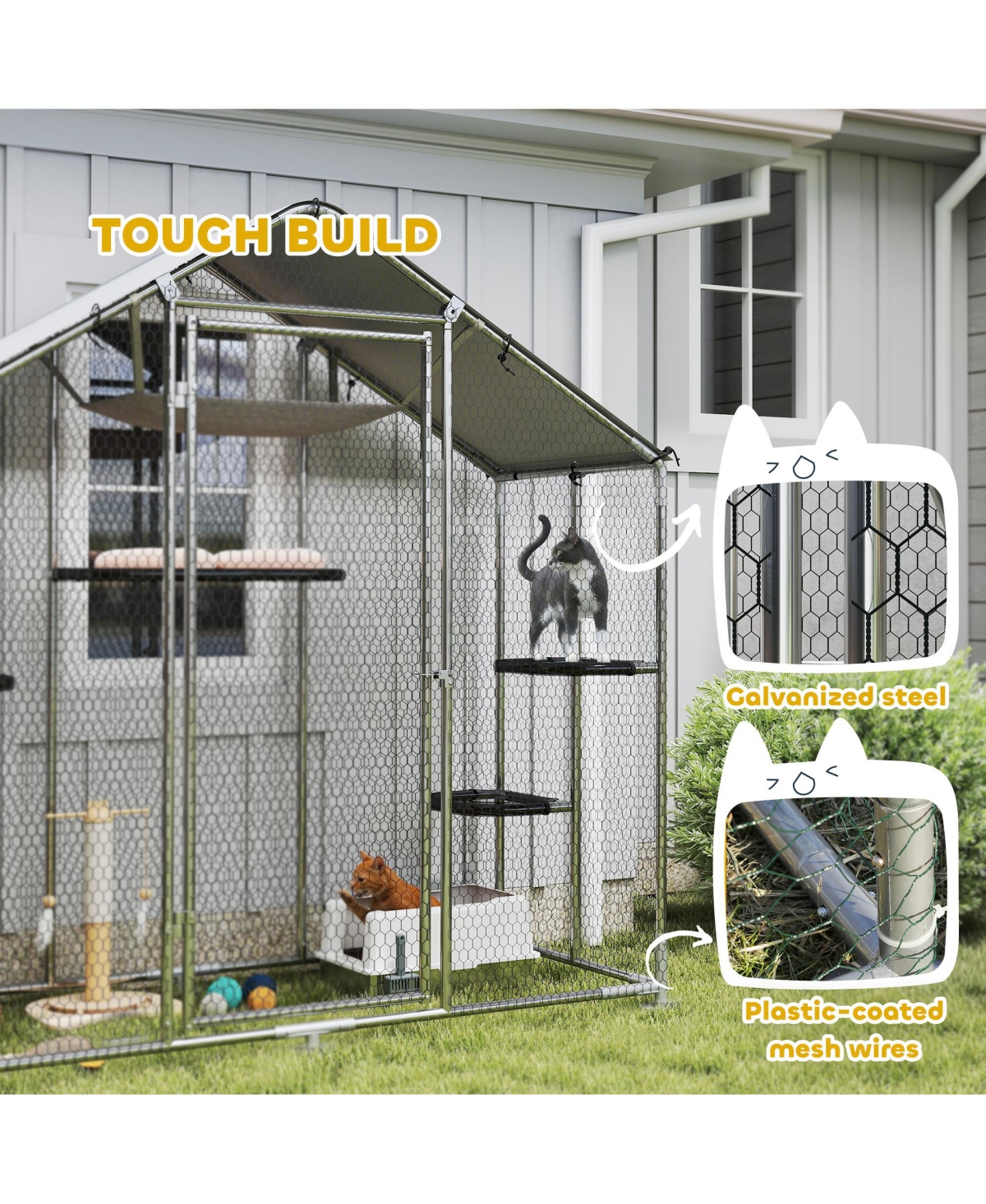 PawHut Walk-in Catio Outdoor Cat Enclosure with Waterproof Cover & Hammock