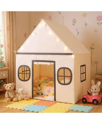 Kids Large Playhouse Tent with Star Lights, Door Curtain, and Windows, Indoor