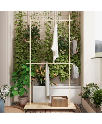 RAINSKEN Solid Wood Garment Rack, Modern Space-Saving Coat Tree, Clothes Drying Rack with 6 Hangers and Bottom Shelf for Entryway, Living Room