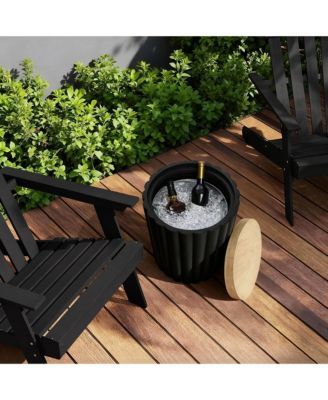 Fluted Round Patio Side Table with Removable Lid & Galvanized Metal Ice Bucket