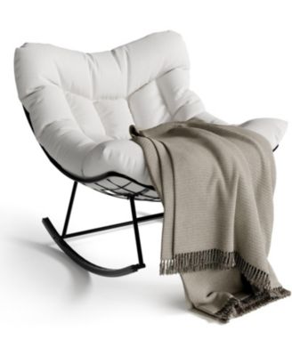 Outdoor Papasan Rocking Chair with Thick Cushion, Rattan Lounge Seat, Comfy Reading Furniture for Adults